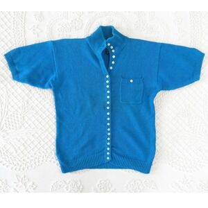 Vintage Ashleigh Morgan Blue Short Sleeve Cotton Cardigan Sweater Large Buttons!